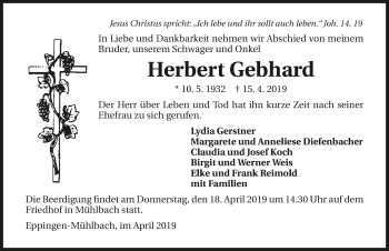 Traueranzeige von Herbert Gebhard 