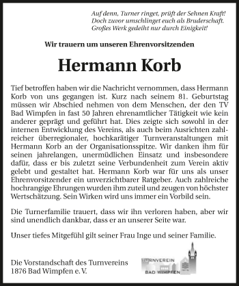 Traueranzeige von Hermann Korb 