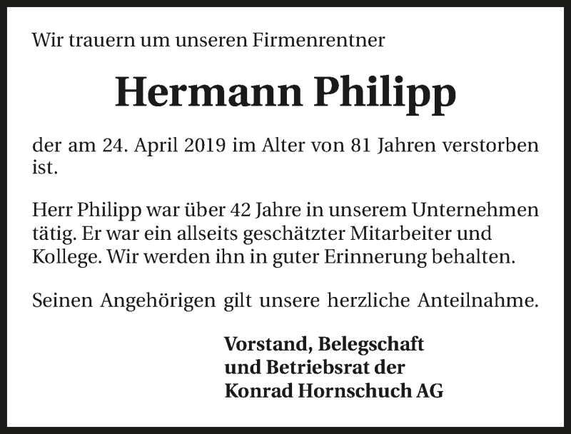  Traueranzeige für Hermann Philipp vom 29.04.2019 aus 