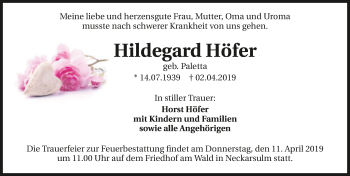 Traueranzeige von Hildegard Höfer 