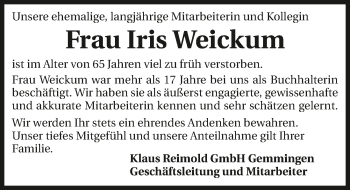 Traueranzeige von Iris Weickum 