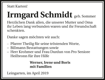 Traueranzeige von Irmgard Schmidt 