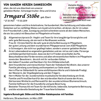 Traueranzeige von Irmgard Stöbe 