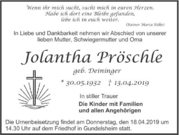 Traueranzeige von Jolantha Pröschle 