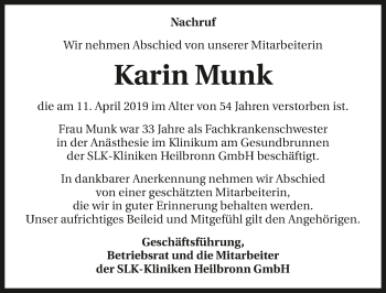 Traueranzeige von Karin Munk 