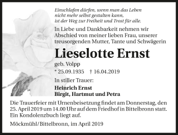 Traueranzeige von Lieselotte Ernst 