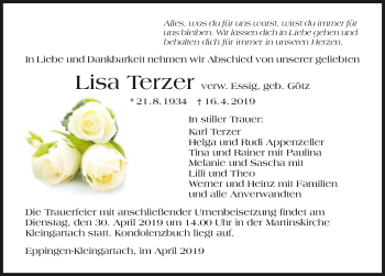 Traueranzeige von Lisa Terzer Terzer 