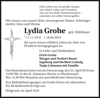 Traueranzeige von Lydia Grohe 