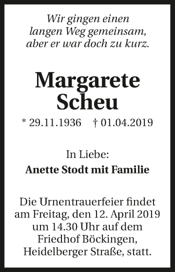 Traueranzeige von Margarete Scheu 