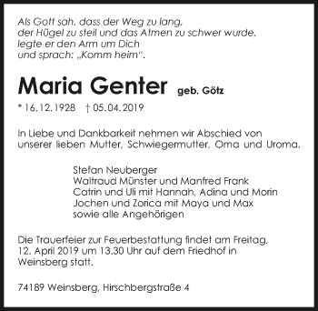 Traueranzeige von Maria Genter 