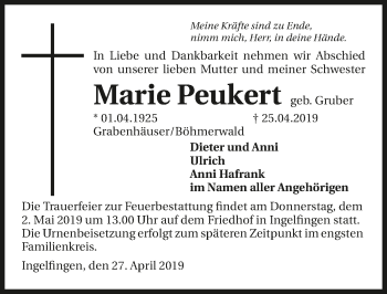 Traueranzeige von Marie Peukert 