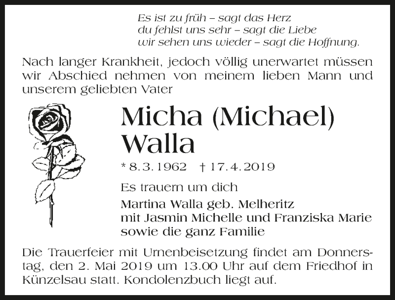  Traueranzeige für Michael Walla vom 29.04.2019 aus 