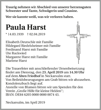 Traueranzeige von Paula Harst 