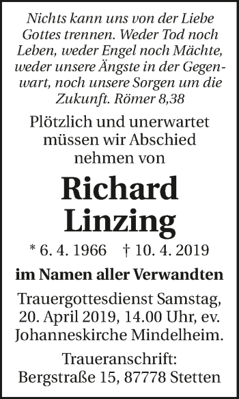 Traueranzeige von Richard Linzing 