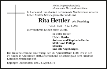 Traueranzeige von Rita Hettler 