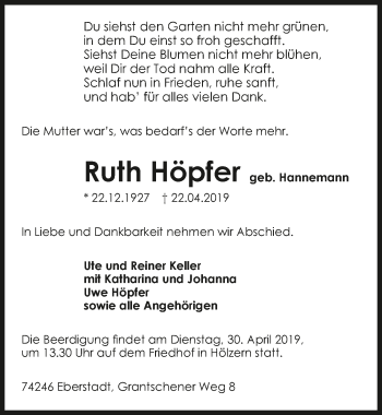 Traueranzeige von Ruth Höpfer 