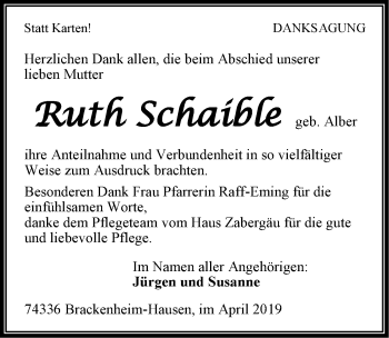 Traueranzeige von Ruth Schaible 