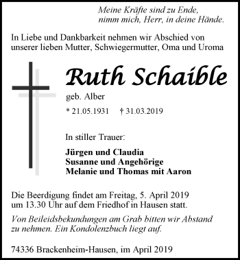 Traueranzeige von Ruth Schaible 