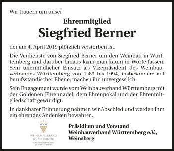 Traueranzeige von Siegfried Berner 