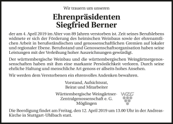 Traueranzeige von Siegfried Berner 