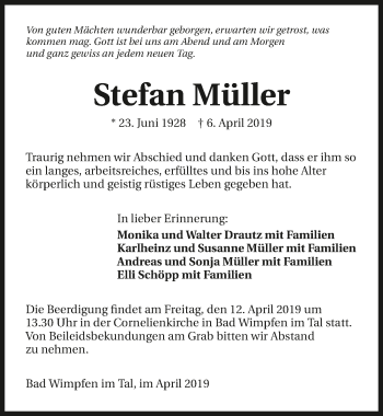 Traueranzeige von Stefan Müller 