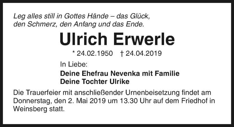  Traueranzeige für Ulrich Erwerle vom 27.04.2019 aus 