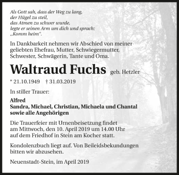 Traueranzeige von Waltraud Fuchs 