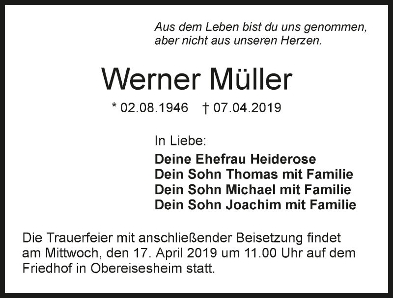  Traueranzeige für Werner Müller vom 10.04.2019 aus 