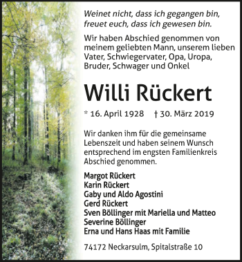 Traueranzeige von Willi Rückert 