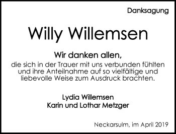 Traueranzeige von Willy Willemsen 