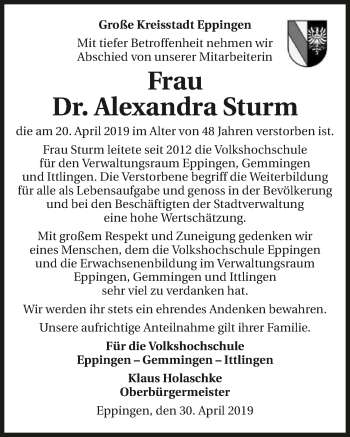 Traueranzeige von Alexandra Sturm 