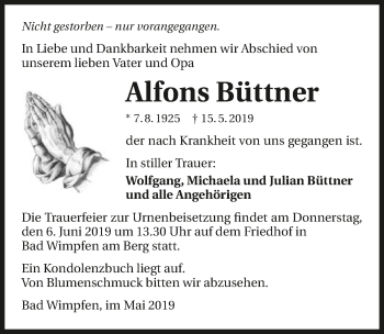 Traueranzeige von Alfons Büttner 