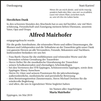 Traueranzeige von Alfred Mairhofer 