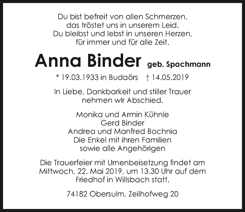  Traueranzeige für Anna Binder vom 18.05.2019 aus 