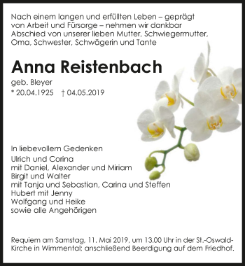 Traueranzeige von Anna Reistenbach 