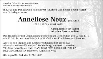 Traueranzeige von Anneliese Neuz 