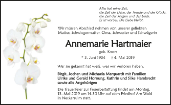 Traueranzeige von Annemarie Hartmaier 