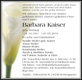 Traueranzeige von Barbara Kaiser 