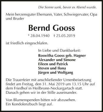 Traueranzeige von Bernd Gooss 