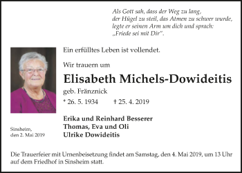 Traueranzeige von Elisabeth Michels-Dowideitis 