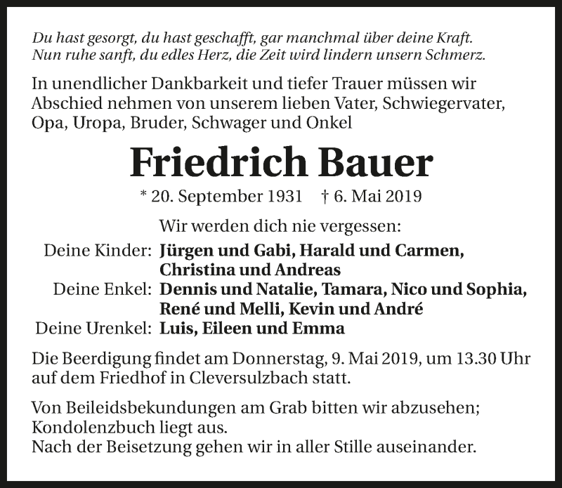  Traueranzeige für Friedrich Bauer vom 08.05.2019 aus 
