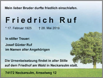 Traueranzeige von Friedrich Ruf 