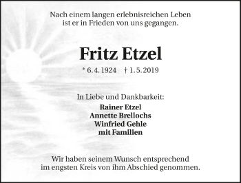 Traueranzeige von Fritz Etzel 