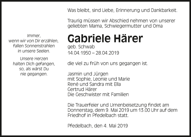  Traueranzeige für Gabriele Härer vom 04.05.2019 aus 
