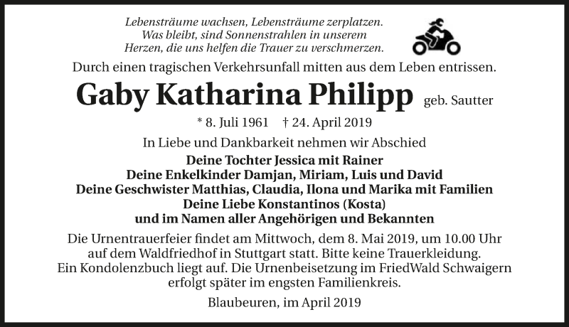  Traueranzeige für Gaby Katharina Philipp vom 04.05.2019 aus 