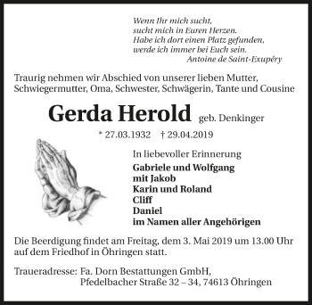 Traueranzeige von Gerda Herold 