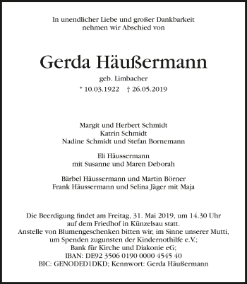 Traueranzeige von Gerda Häußermann 