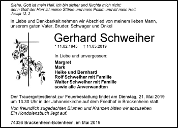 Traueranzeige von Gerhard Schweiher 