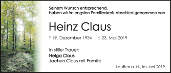 Traueranzeige von Heinz Claus 