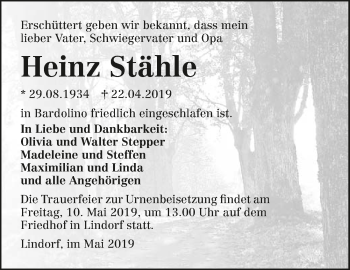 Traueranzeige von Heinz Stähle 